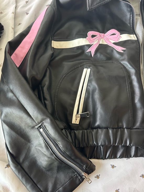 SHEIN Black Faux Leather Jacket with Pink Ribbon and White Stripe Accents - Picture 3 of 3